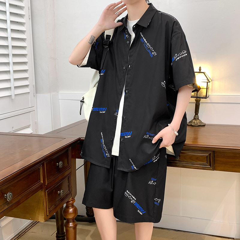 夏季短袖套装男五分袖衬衣潮短裤男大码两件套8652/衣35裤30/P65,男装休闲套装,电商A012