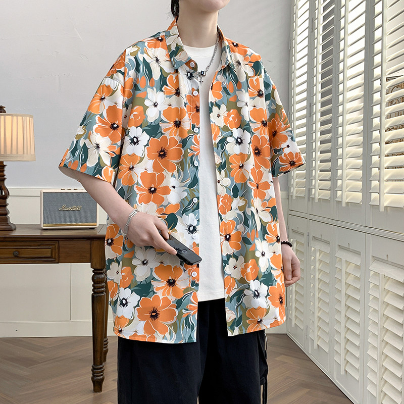 花衬衫男短袖夏季痞帅休闲上衣服外套翻领大码衬衣男A011-2/P35,男装T恤,电商A012