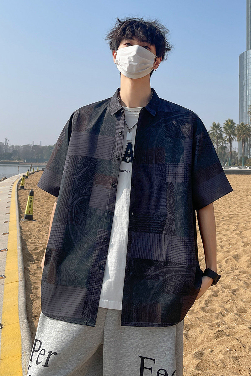 花衬衫男短袖夏季痞帅休闲上衣服外套翻领大码衬衣A011-2/P45,男装T恤,电商A012