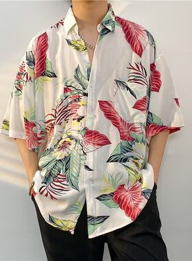 日系复古翠花人棉短袖衬衫男夏季薄款宽松男生半袖衬衣外套男款