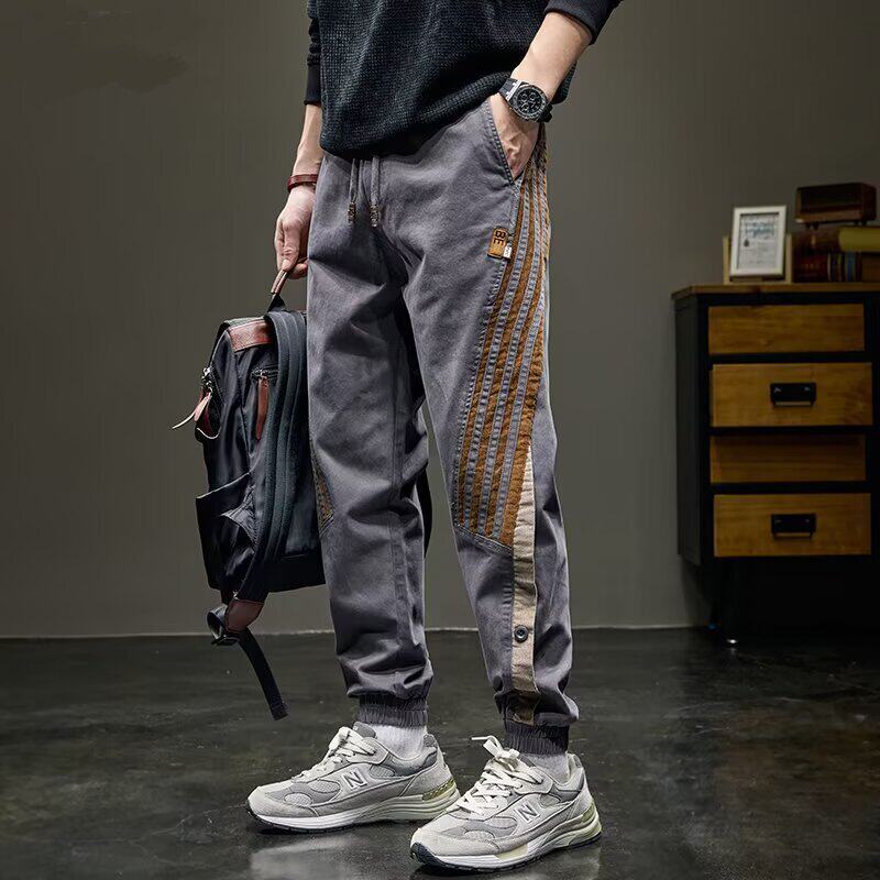 美式潮牌三杠条纹撞色拼接工装裤男士春季修身户外束脚哈伦休闲裤