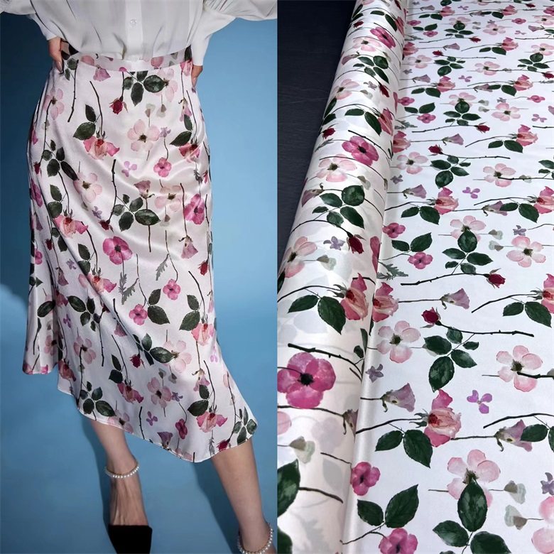 夏季新品水彩白底粉色印花斜纹弹力真丝布料吊带裙半裙衬衫面料