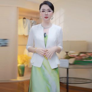 短款小个子白色七分袖西装女职业正装圆领开衫外套通勤职场套装