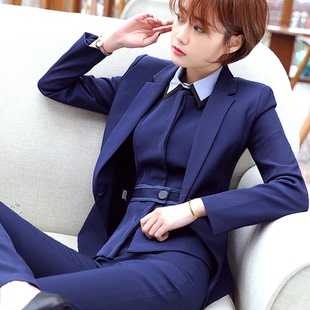 宝蓝西装外套女长袖秋冬季面试房产汽车销售教师工作服职业正装女