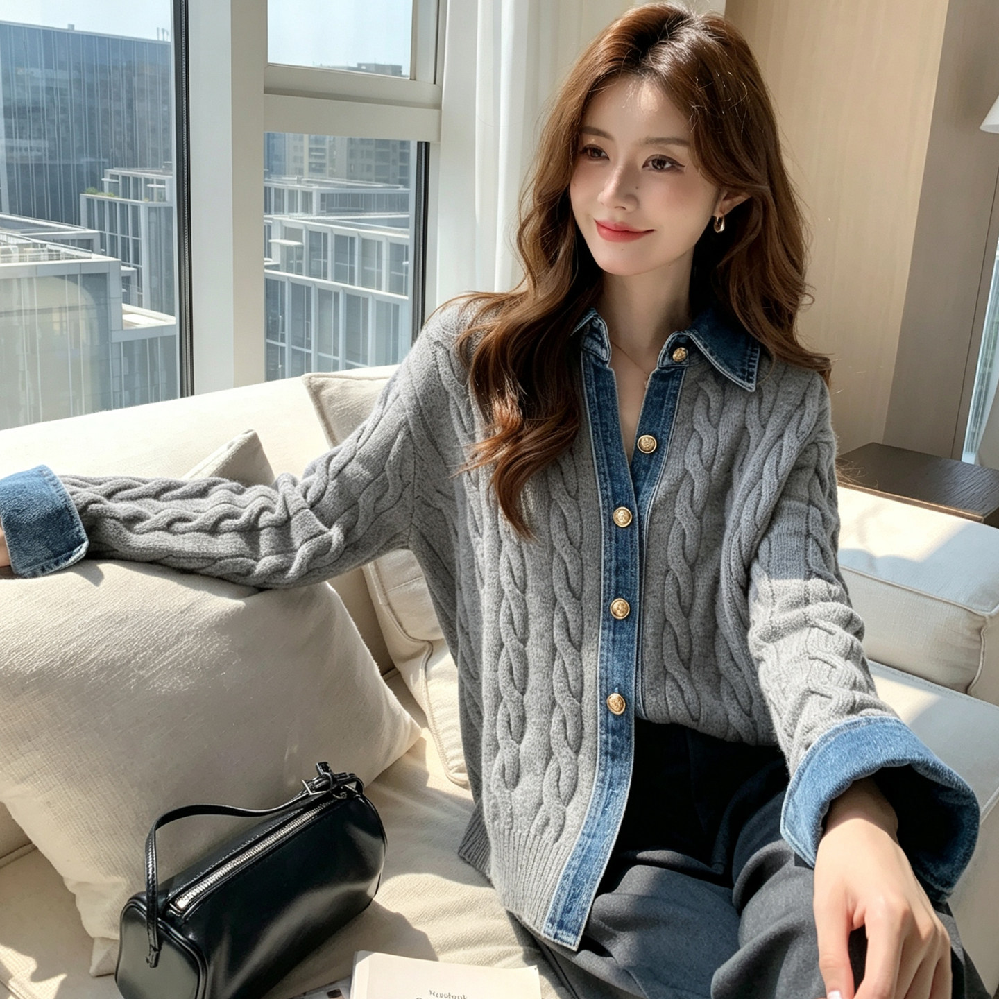 牛仔拼接麻花毛衣开衫外套女秋冬纯棉加厚拼色新款针织衫开衫上衣