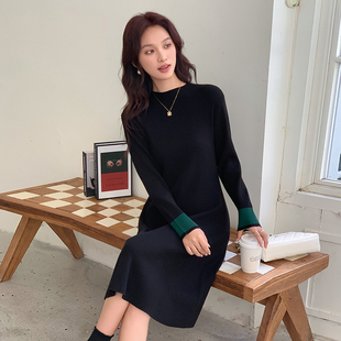 a字毛衣裙 过膝长裙打底长款 黑色长袖 连衣裙女小个子针织裙秋冬季