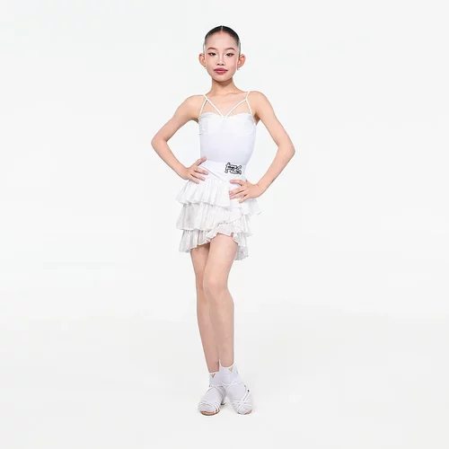 FZS DANCE L325新款拉丁舞女设计感吊带流光 百褶裙套装 白色