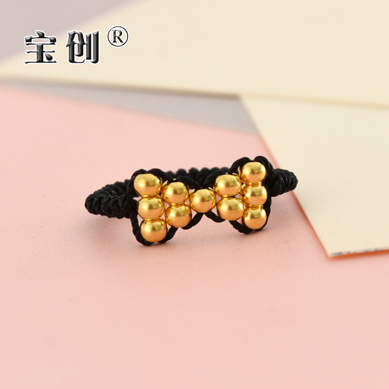 足金999亮面珠蝴蝶结编绳戒指纯黄金光面转运珠蝴蝶结红黑绳指环