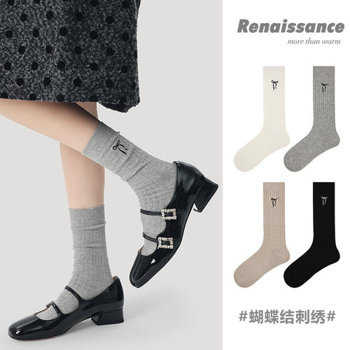 Renaissance袜子女纯色刺绣蝴蝶结miu风春秋款学生无骨百搭中筒袜