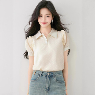 正肩POLO衫 女2025新款 夏季 翻领雪纺衬衫 百搭短袖 上衣显瘦洋气小衫