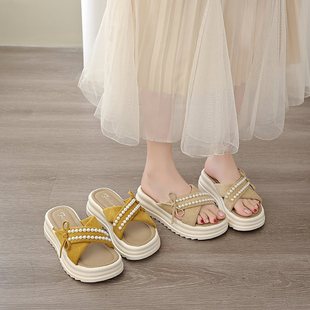 时尚 女新款 蝴蝶结夏季 凉拖增高厚底2025沙滩松糕外穿交叉珍珠拖鞋