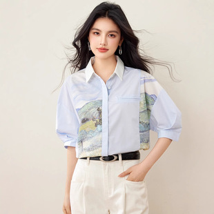 衬衫 港风穿搭宽松polo领T恤七分短袖 女百搭显瘦遮肚印花雪纺上衣