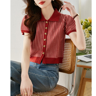 设计感短款 新款 复古小众法式 上衣 红色泡泡袖 针织衫 POLO短袖 女夏季
