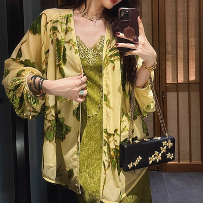 南枝仙新中式非遗梭织丝绒烂花衬衫女外套国风洋气套装裙子潮