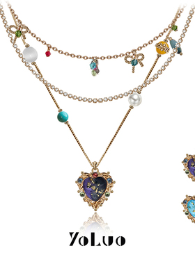 复古炫彩爱心蝴蝶结叠戴设计项链