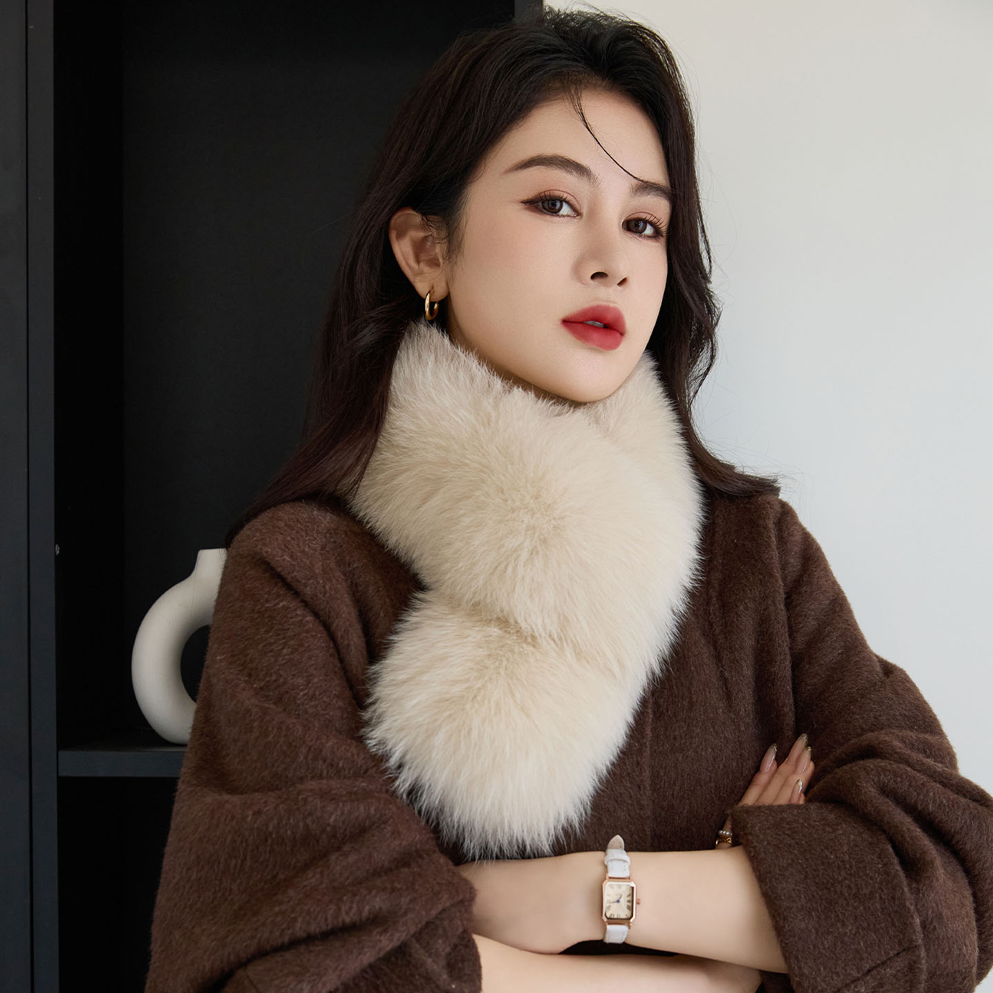 狐狸毛围巾女冬季百搭加厚皮草真毛领双面交叉毛绒内里獭兔毛围脖