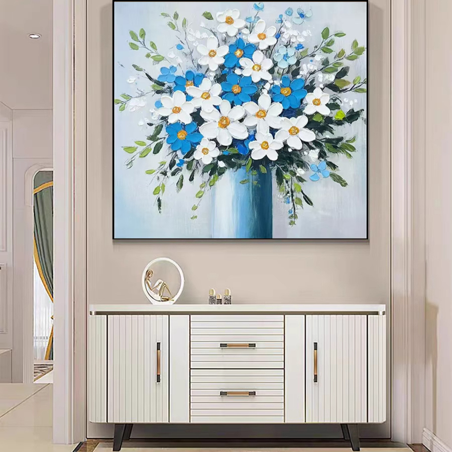 手绘花卉肌理油画方形餐厅装饰画轻奢法式客厅卧室挂画玄关墙壁画图片