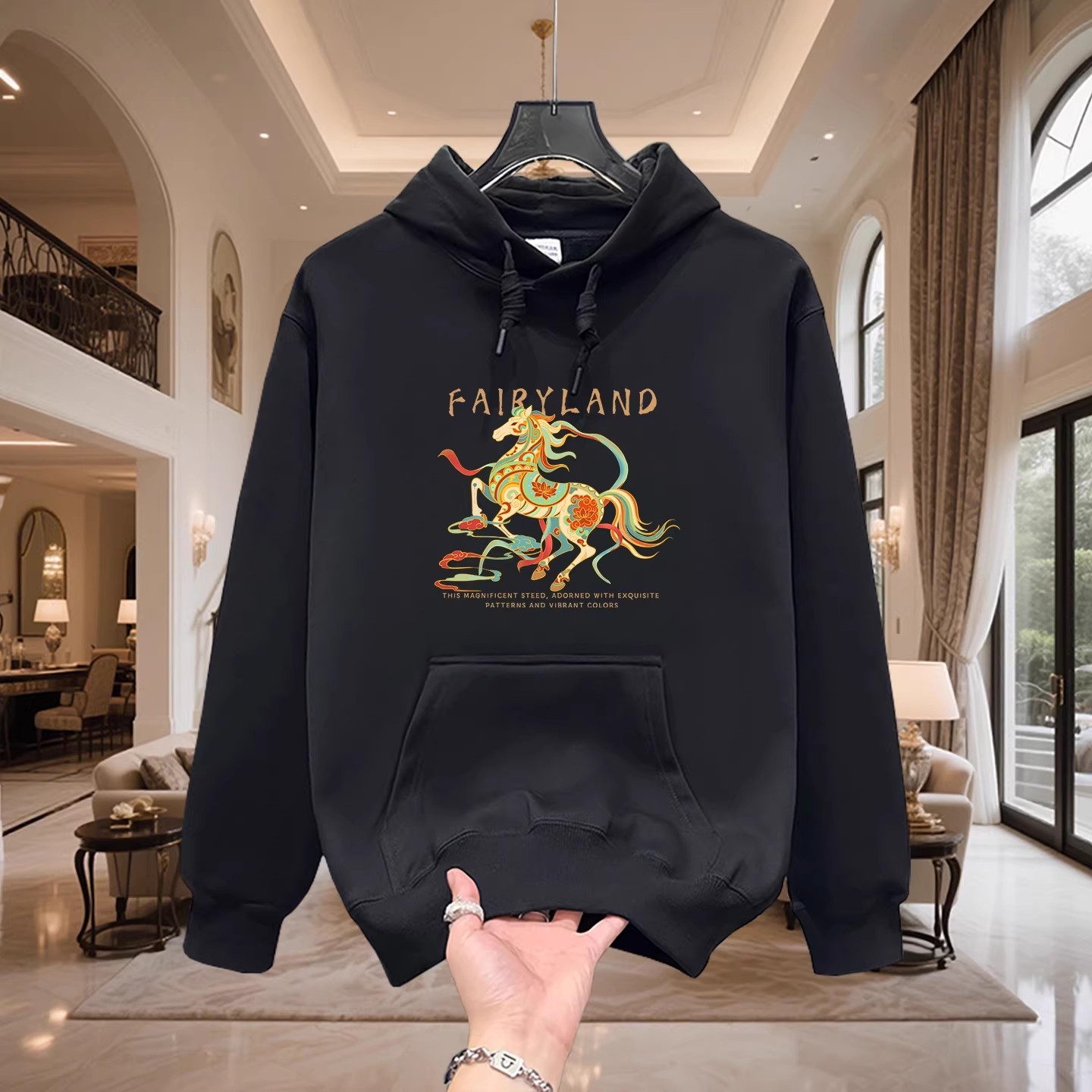 香港正品潮牌秋冬马年彩色龙马上衣男女纯棉加绒宽松套头连帽卫衣