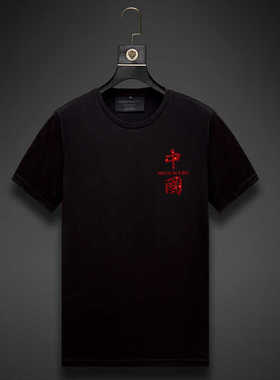 香港正品潮牌夏季简约红色中国烫钻半袖男女款丝光棉修身短袖T恤