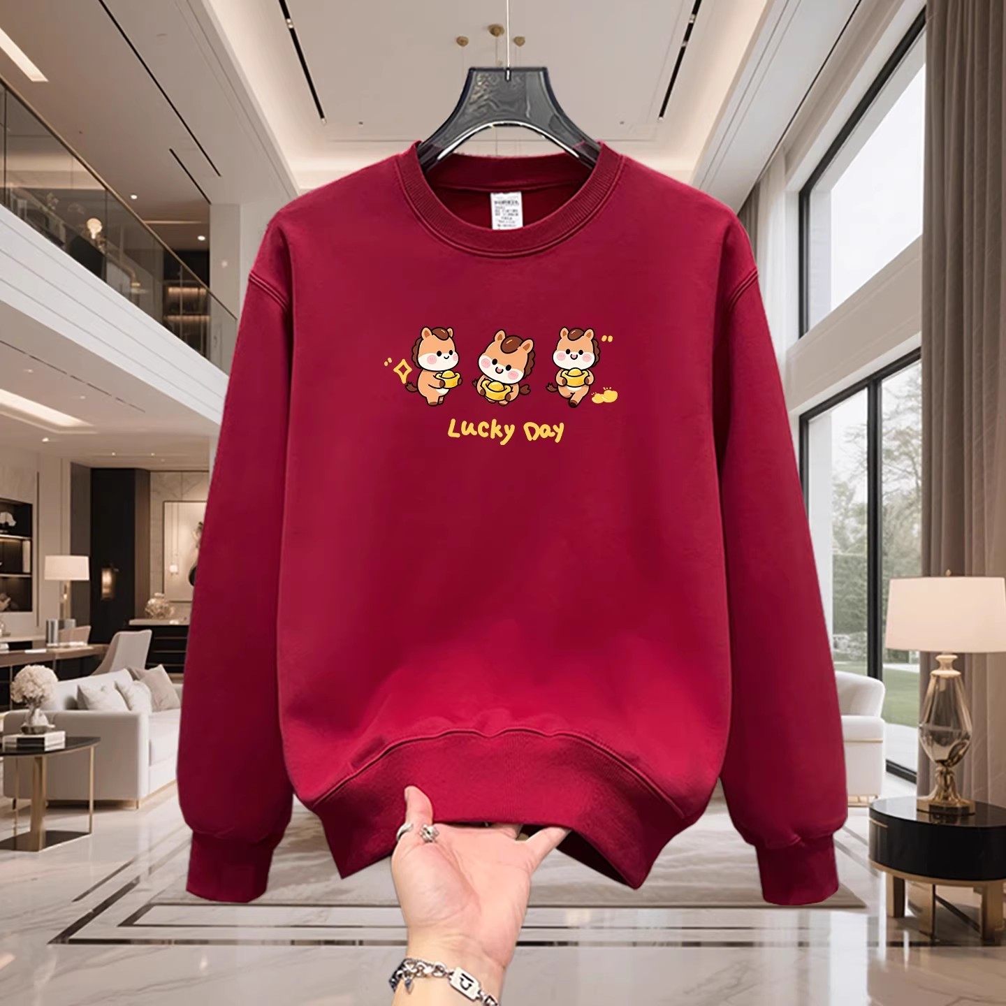 香港正品潮牌秋冬马年本命年酒红色卡通金元宝打底衫男女加绒卫衣