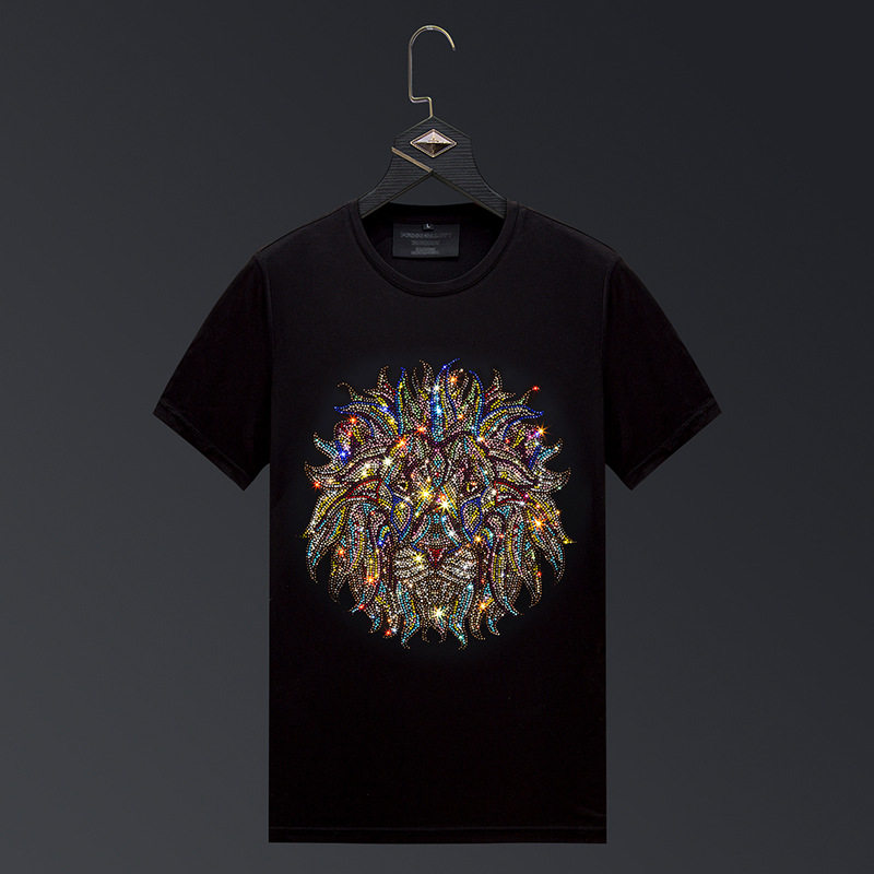 香港正品潮牌夏季彩色狮子头烫钻半袖男女款丝光棉加大码短袖T恤