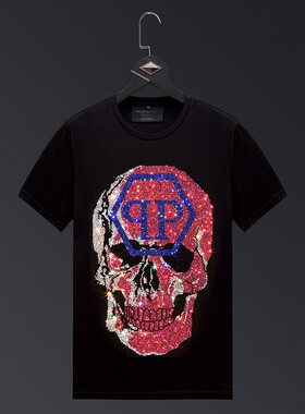 香港正品潮牌夏季粉红色骷髅头烫钻半袖男女款丝光棉大码短袖T恤