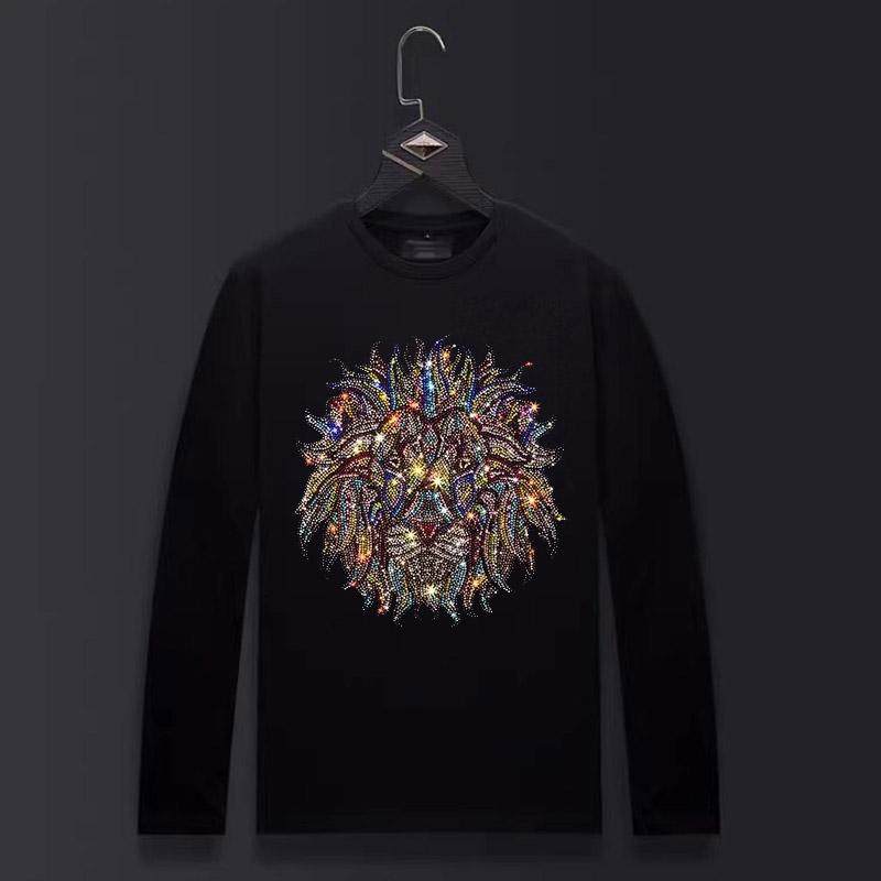 香港正品潮牌秋冬烫钻狮子头休闲打底衫男款纯棉大码加绒长袖T恤