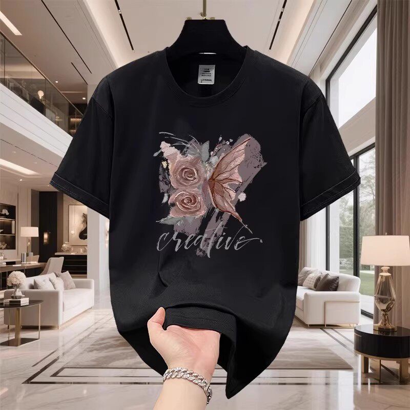 香港正品潮牌夏季蝴蝶花卉痞帅半袖男款纯棉重磅宽松圆领短袖T恤