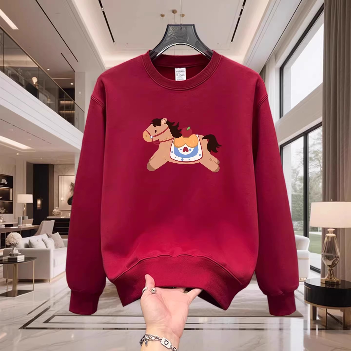 香港正品潮牌秋冬马年本命年酒红色马上樱桃打底衫男纯棉加绒卫衣