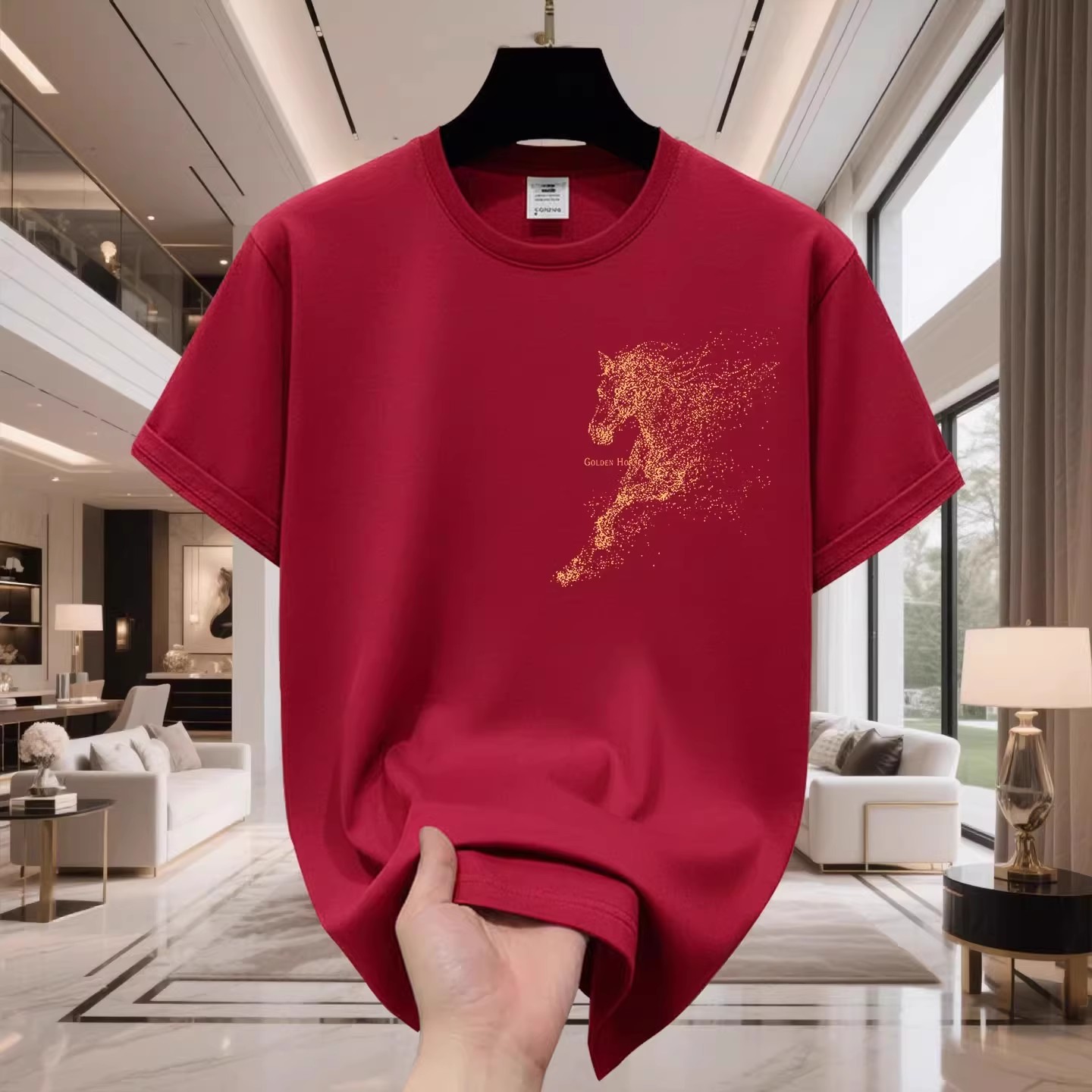 香港正品潮牌马年本命年酒红色波点战马半袖男女纯棉宽松短袖T恤