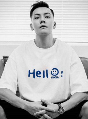 香港正品潮牌夏季陈伟霆蓝色hell笑脸半袖男女款纯棉宽松短袖T恤