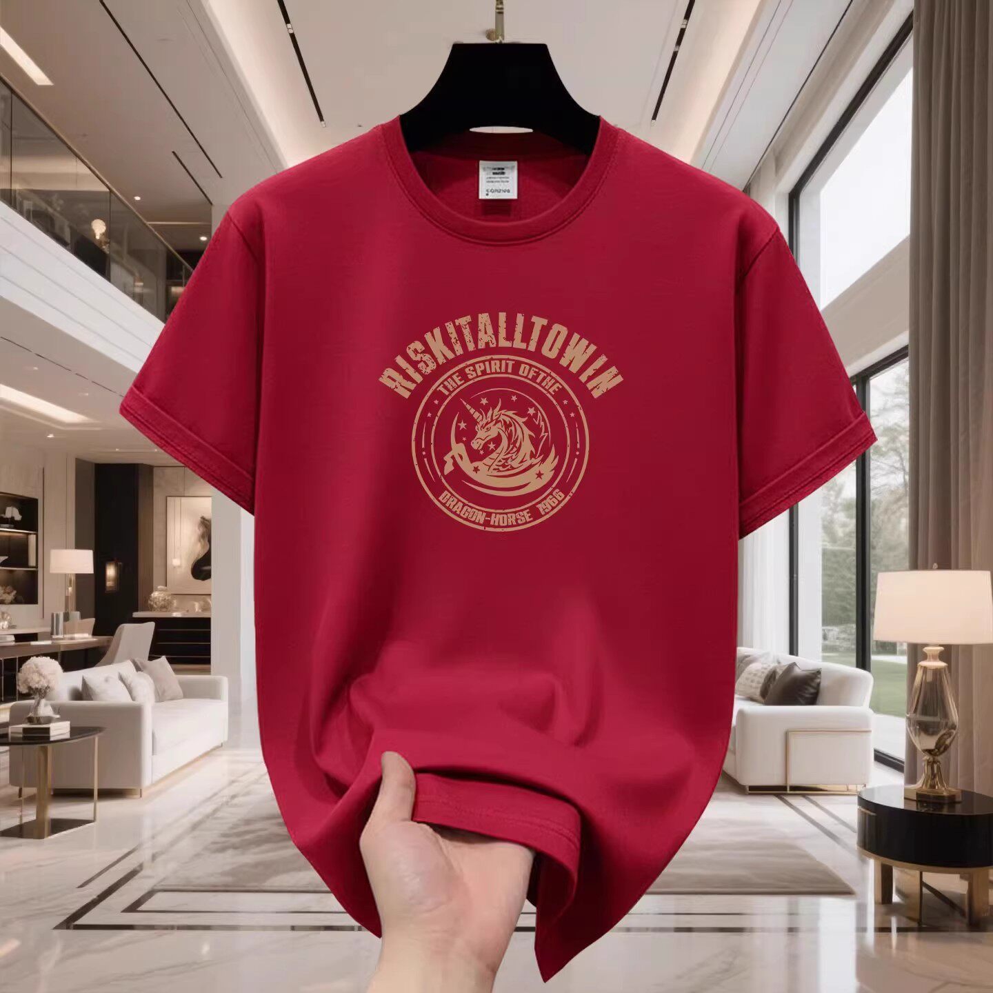 香港正品潮牌马年本命年酒红色独角兽半袖男女款纯棉宽松短袖T恤