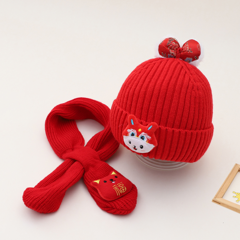 男童女童宝宝新年红色毛线帽