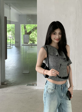 喂狗小面包une miette肌理感杂色格纹女2026新款露肩小香斜肩上衣