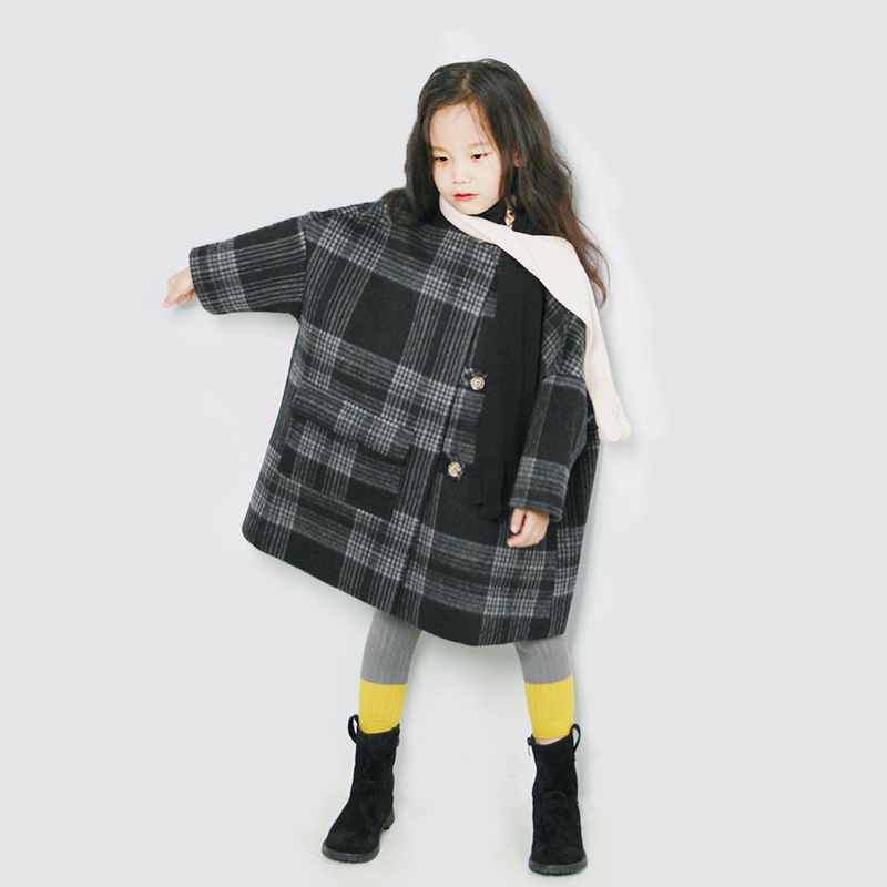 Girls black gray tweed coat thickened loose large check childrens woolen cloth coat original childrens clothing in autumn and winter