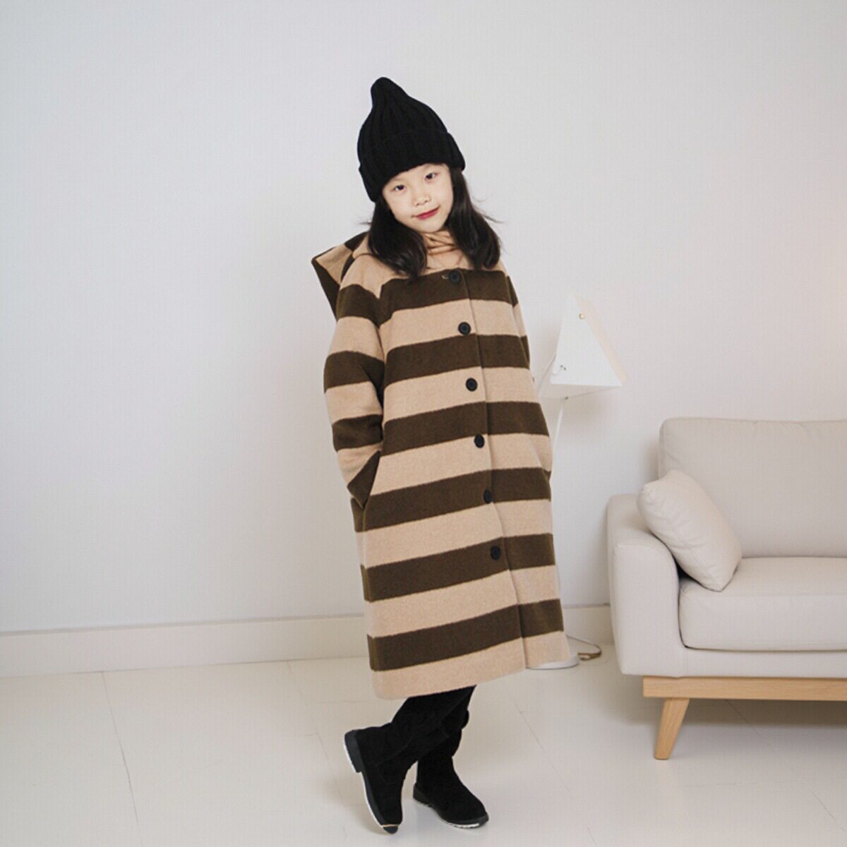 童装女童秋冬夹棉毛呢大衣棉衣条纹儿童羊毛加厚呢子外套保暖棉服