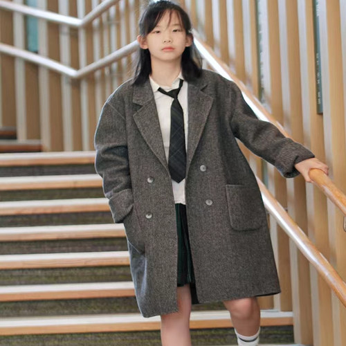 男女童人字呢羊毛大衣双面绒西装款大童青少年大学生毛呢外套春秋