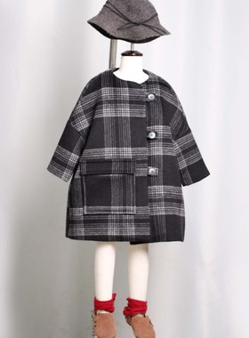 童装女宝宝格子羊毛大衣宽松女童黑灰色毛呢外套中长款新年冬装