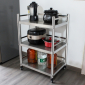 100高三层护栏带轮不锈钢厨房置物架收纳储物架微波炉架可移动