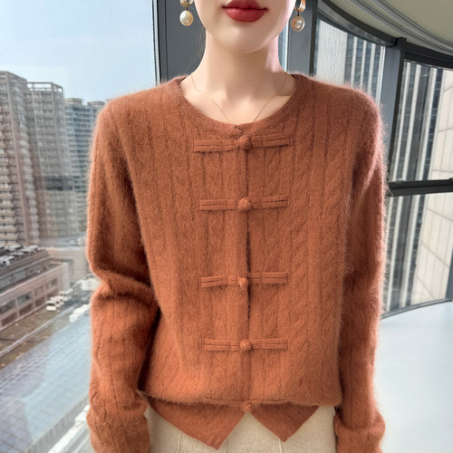 针织羊绒开衫女高级感山羊绒上衣圆领国风复古本命年红色毛衣外套