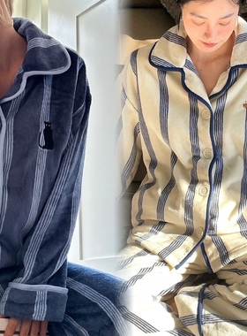 野S家秋冬季条纹情侣款睡衣套装男女加厚保暖法兰绒高级感家居服