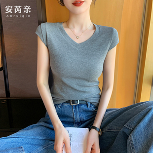 V领飞飞袖T恤女短袖2026新款夏季显瘦洋气高级感百搭外穿打底上衣