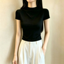黑色正肩短袖T恤女春夏季新款小高领显瘦高级感修身短款打底上衣