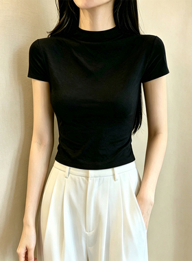 黑色正肩短袖T恤女春夏季新款小高领显瘦高级感修身短款打底上衣