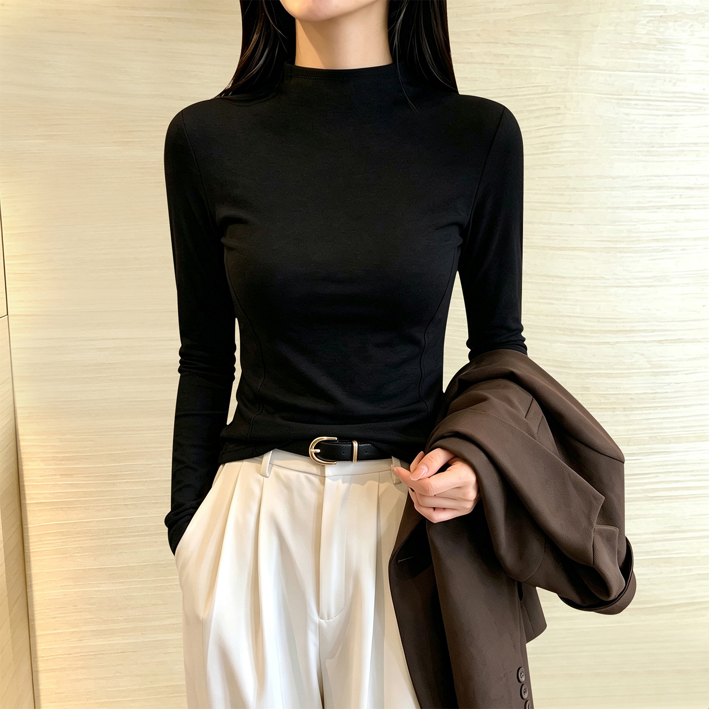 黑色小半高领打底衫女早秋新款长袖t恤修身高级设计感螺纹上衣