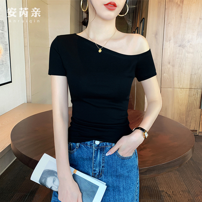 露肩短袖t恤女夏修身显瘦斜肩