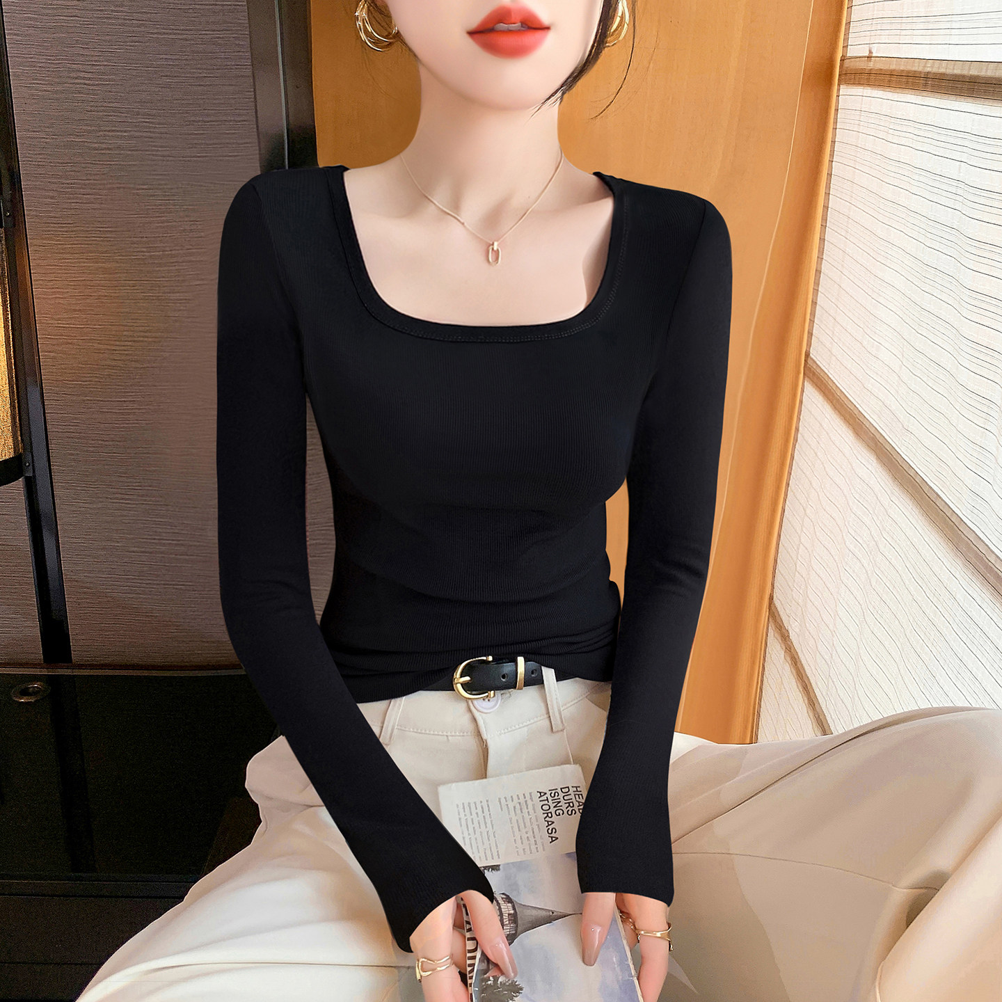 方领打底衫女长袖t恤春秋修身图片