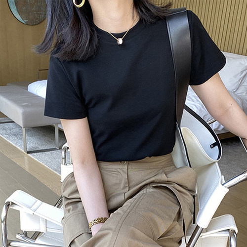 小圆领短袖t恤女春夏正肩修身