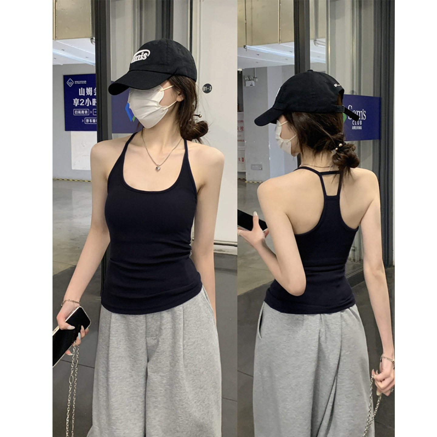 黑色挂脖吊带背心女美背内搭2026春夏新款带胸垫防走光打底上衣