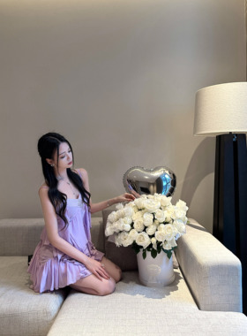 Elyssa初夏风信 淡紫荷叶边气质度假风烫钻雪纺吊带温柔连衣裙女